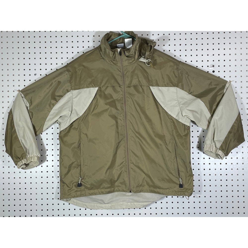 Athletic Works Mens L Windbreaker Jacket Dark Sahara Tan Full Zip Packable Hood